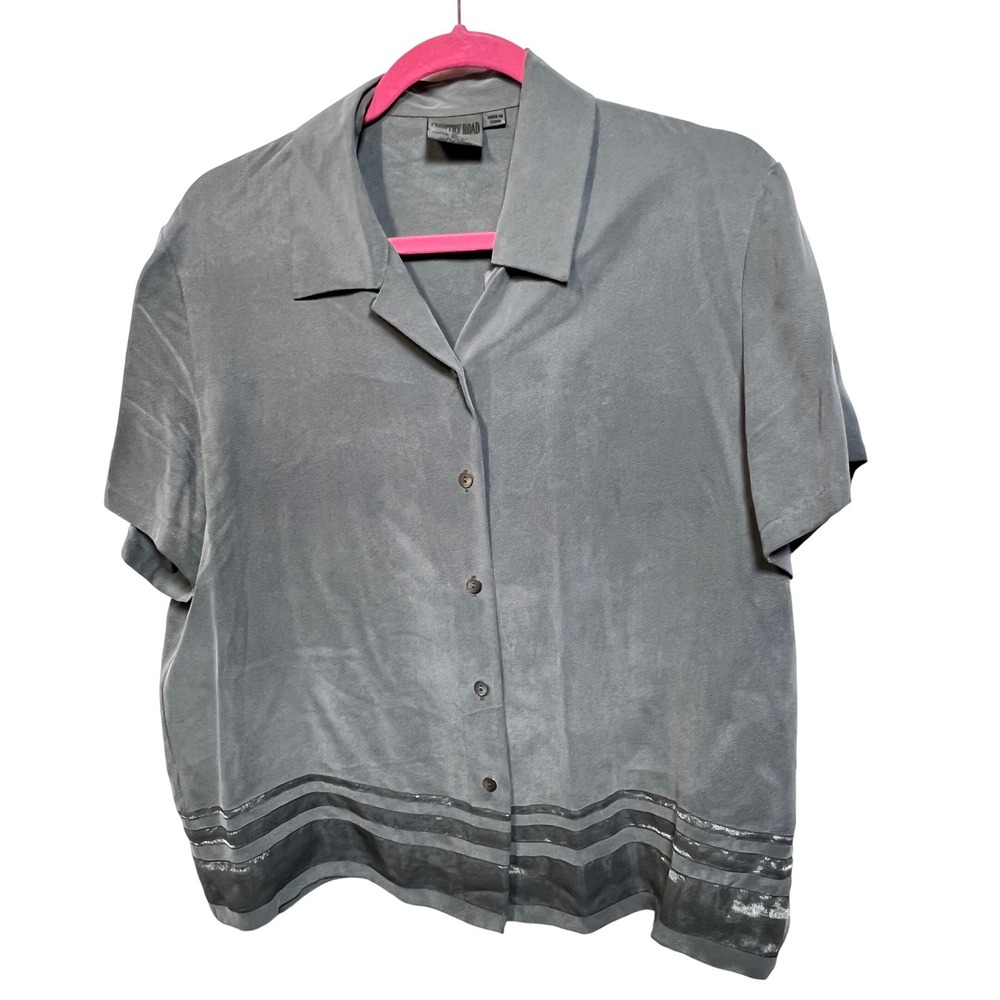 Country Road Mens Gray 100% Silk Short Sleeve Striped Hem Button Up Shirt Size M